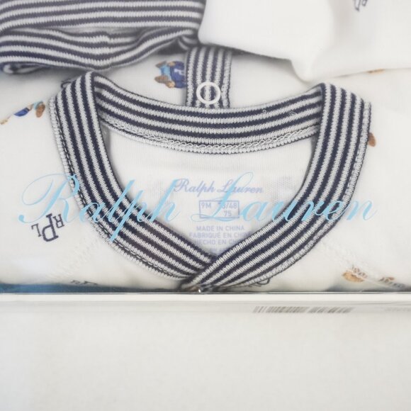 Ralph Lauren Polo Baby Onesie, Bib & Beanie Gift Set in White/Blue Size 9M - NWT - Picture 4 of 9